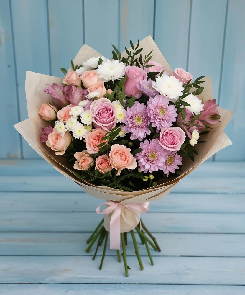Букет цветов из: Хризантемы, Розы и Альстромерии в Приближной