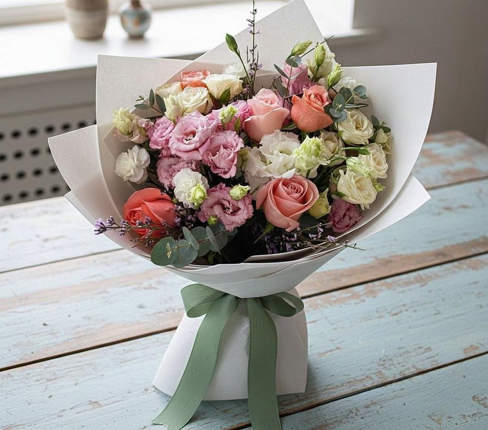 Букет цветов из: Розы, Лизиантусы и Гвоздики в Приближной