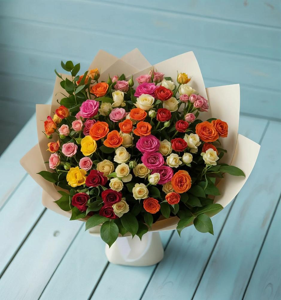 Букет Микс из разноцветных кустовых роз в Приближной