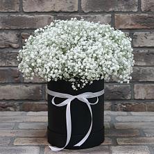 Цветочная композиция из Гипсофила в шляпной коробке в Приближной