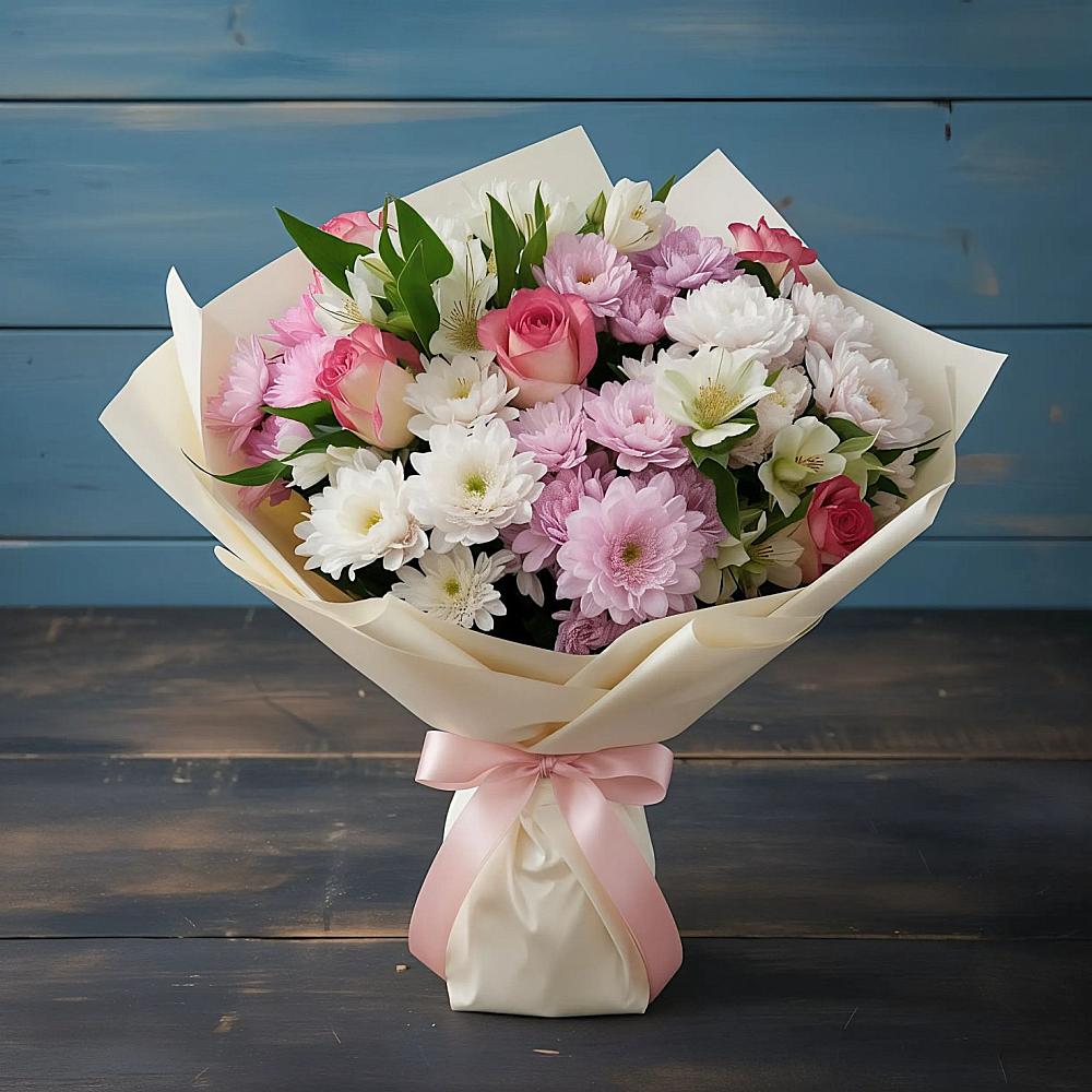 Букет цветов из: Хризантемы, Альстромерии и Розы в Приближной